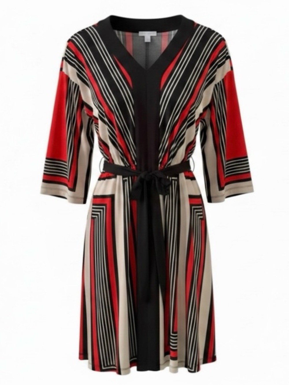 New York & Company Black and Red V-Neck 3/4 Sleeve Tie Waist Dress Size XS
